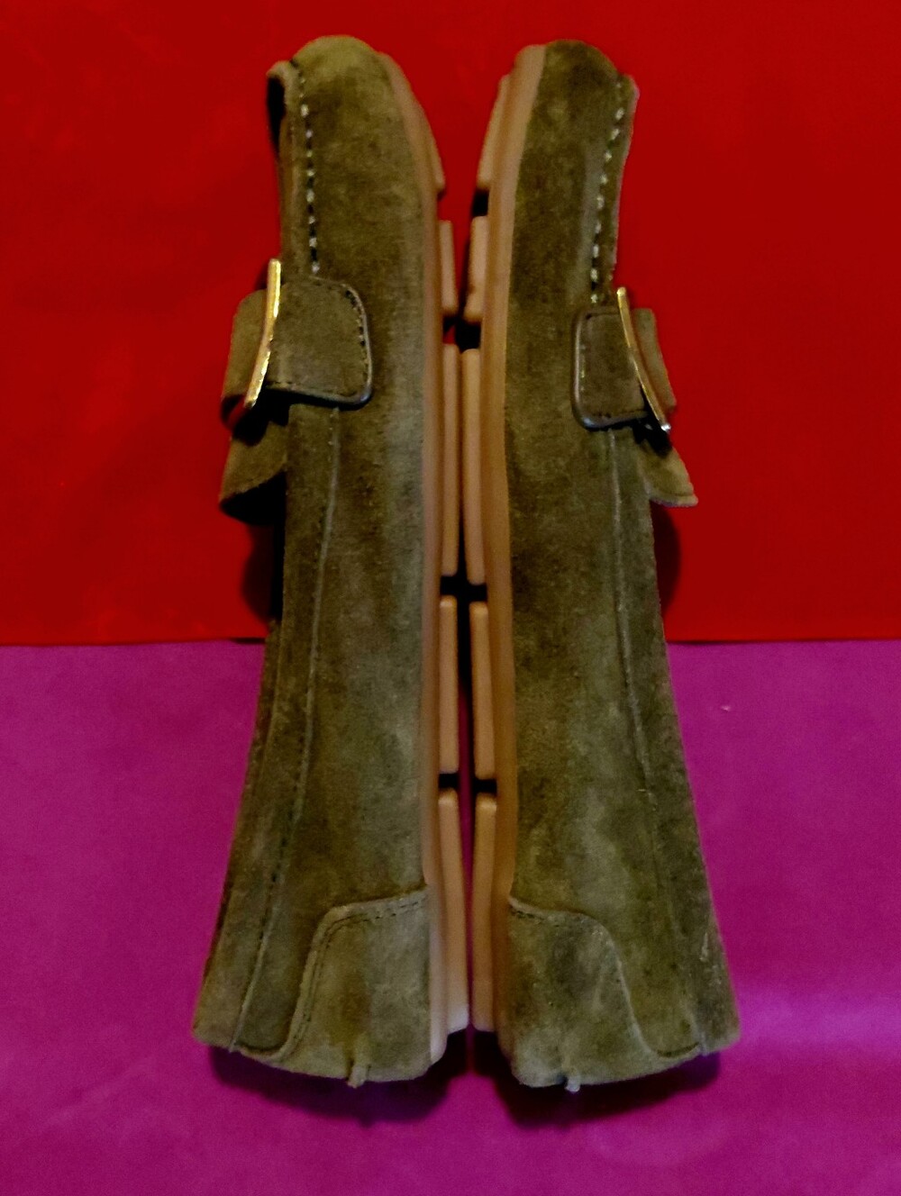 Calvin Klein Olive Suede Lydia Flats 6 1/2 M Great Conditon Gold Accents Clean - Picture 3 of 7